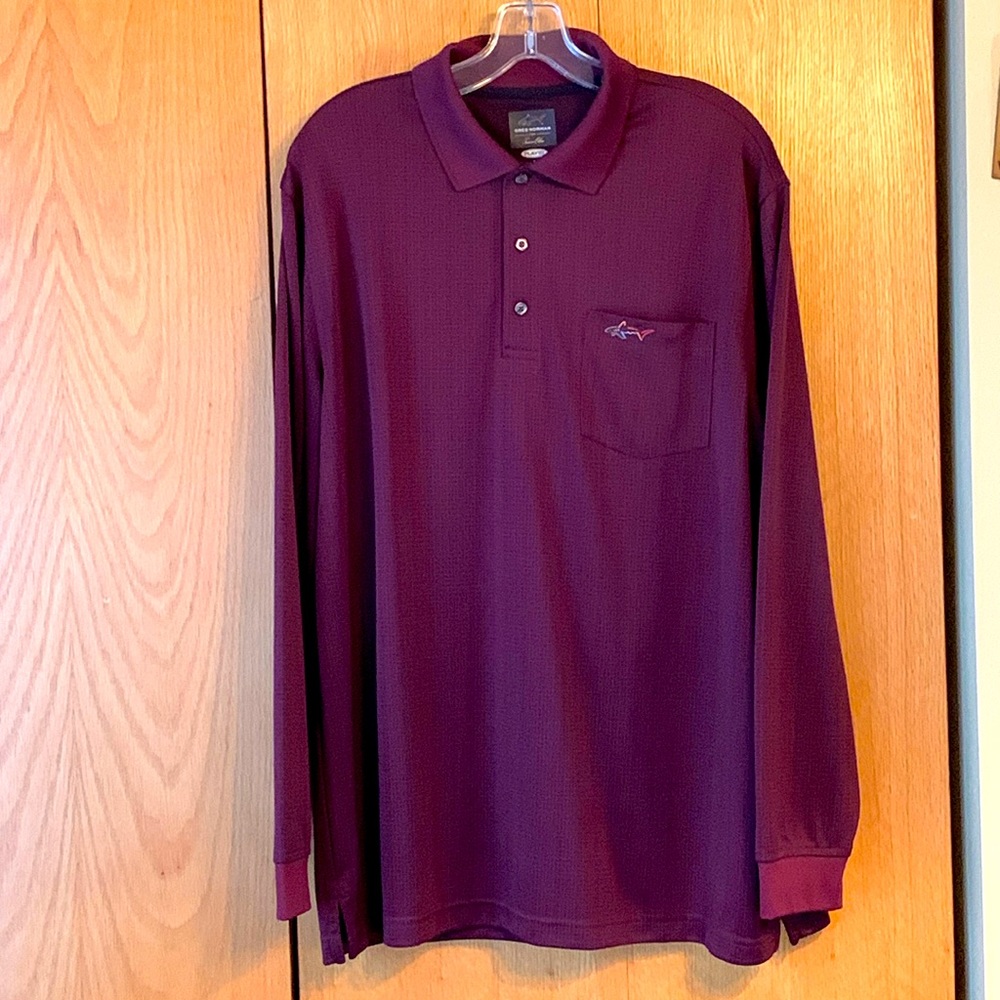 Greg Norman Tasso Elba Play Dry Large maroon long sleeve 3 button polo shirt EUC